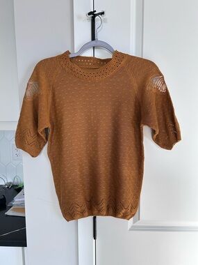 Rust Brown Short Sleeve Knit Sweater Eyelet Boho Cottagecore Top